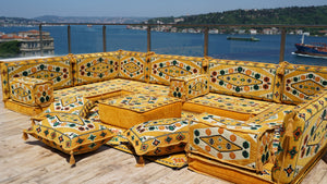 Yellow Color U Shaped Arabic Sofa Set, Arabic Majlis, Turkish Floor Seating Set, Oriental Floor Couches, Indoor Floor Sofas