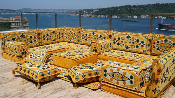 Yellow Color U Shaped Arabic Sofa Set, Arabic Majlis, Turkish Floor Seating Set, Oriental Floor Couches, Indoor Floor Sofas