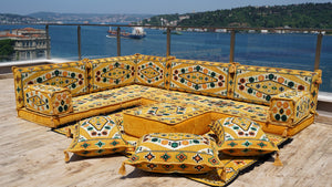 Yellow L Shaped Arabic Seating, Handmade Floor Couches, Sectional Sofas, Turkish Floor Sofas