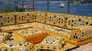 Yellow L Shaped Arabic Seating, Handmade Floor Couches, Sectional Sofas, Turkish Floor Sofas
