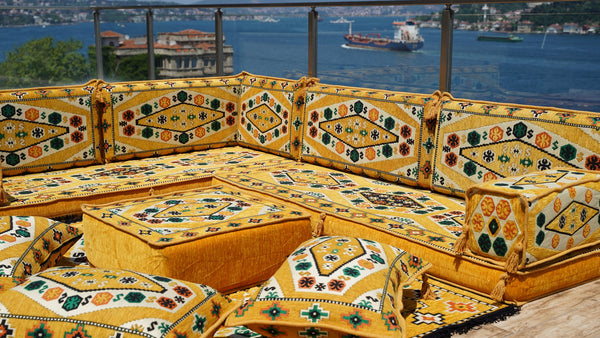 Yellow L Shaped Arabic Seating, Handmade Floor Couches, Sectional Sofas, Turkish Floor Sofas