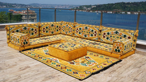 Yellow L Shaped Arabic Seating, Handmade Floor Couches, Sectional Sofas, Turkish Floor Sofas