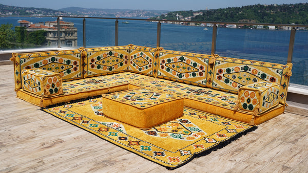 Yellow L Shaped Arabic Seating, Handmade Floor Couches, Sectional Sofas, Turkish Floor Sofas