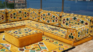 Yellow L Shaped Arabic Seating, Handmade Floor Couches, Sectional Sofas, Turkish Floor Sofas