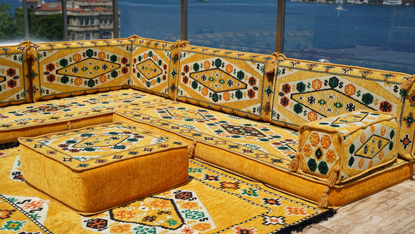 Yellow L Shaped Arabic Seating, Handmade Floor Couches, Sectional Sofas, Turkish Floor Sofas