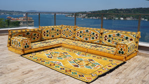 Yellow L Shaped Arabic Seating, Handmade Floor Couches, Sectional Sofas, Turkish Floor Sofas