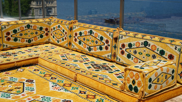 Yellow L Shaped Arabic Seating, Handmade Floor Couches, Sectional Sofas, Turkish Floor Sofas