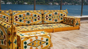Yellow L Shaped Arabic Seating, Handmade Floor Couches, Sectional Sofas, Turkish Floor Sofas