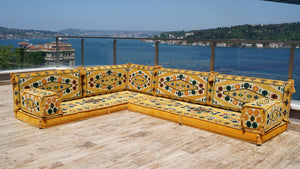Yellow L Shaped Arabic Seating, Handmade Floor Couches, Sectional Sofas, Turkish Floor Sofas