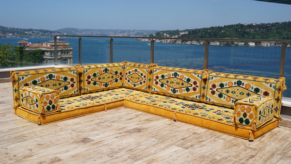 Yellow L Shaped Arabic Seating, Handmade Floor Couches, Sectional Sofas, Turkish Floor Sofas