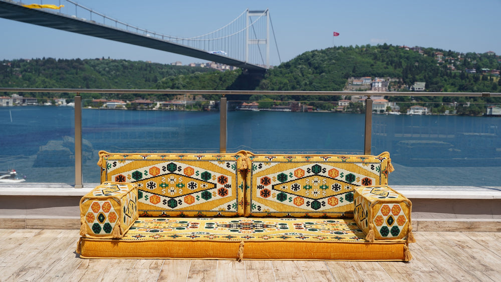 Yellow Floor Sofa Set, Floor Cushions, Balcony Patio Sofas, Pallet Sofa, Ethnic Sofa, Single Sofa Sets