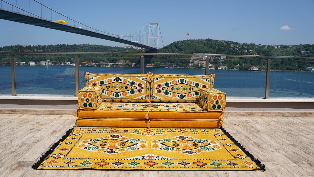 8'' Thickness Sofa Set, Floor Seating Sofa, Yellow Arabic Majlis, Arabic Floor Couch, Oriental Cushion