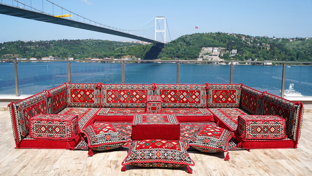 U Shaped Arabic Floor Seating, Oriental Red Floor Cushions, Corner Floor Couch, Moroccan Livingroom Cushions
