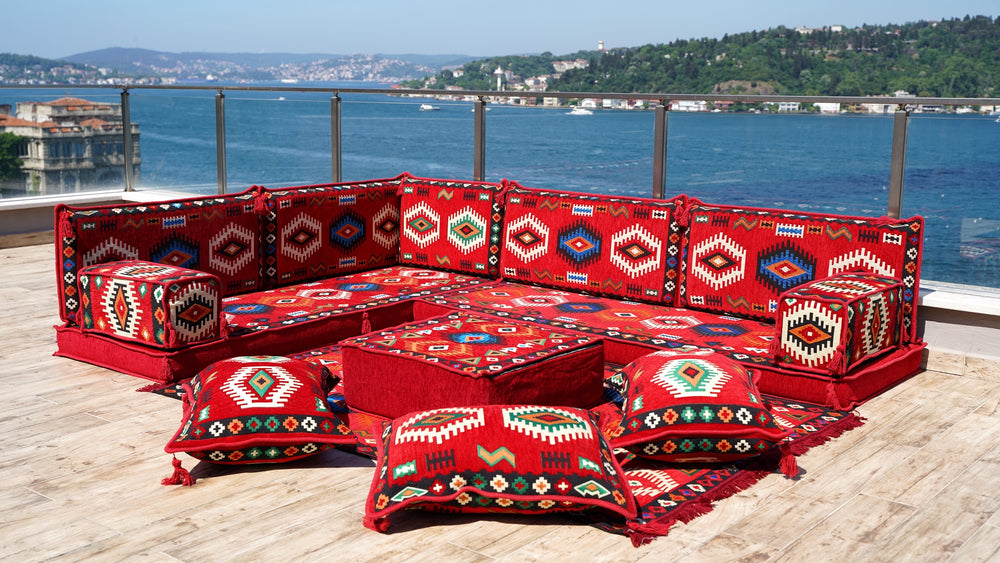 4'' Thickness Red L Shaped Floor Seating, Arabic Sofa Seating, Floor Pillow, Garden Furniture, Sectional Sofa, Patio Furniture