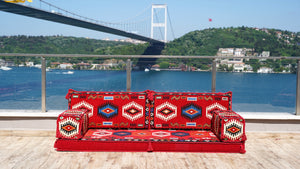 Red Arabic Majlis, Oriental Cushion, Moroccan Cushion, Ethnic Floor Cushion, Slipcovers Sofa with Ottoman Couch and Rug