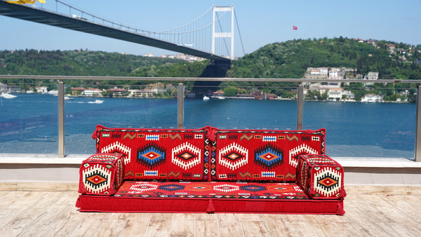 Red Arabic Majlis, Oriental Cushion, Moroccan Cushion, Ethnic Floor Cushion, Slipcovers Sofa with Ottoman Couch and Rug