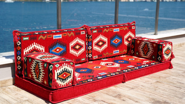Red Arabic Majlis, Oriental Cushion, Moroccan Cushion, Ethnic Floor Cushion, Slipcovers Sofa with Ottoman Couch and Rug