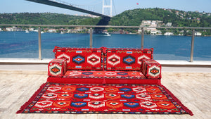 Red Arabic Majlis, Oriental Cushion, Moroccan Cushion, Ethnic Floor Cushion, Slipcovers Sofa with Ottoman Couch and Rug