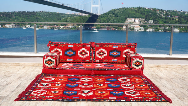 Red Arabic Majlis, Oriental Cushion, Moroccan Cushion, Ethnic Floor Cushion, Slipcovers Sofa with Ottoman Couch and Rug