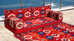Red Arabic Majlis, Oriental Cushion, Moroccan Cushion, Ethnic Floor Cushion, Slipcovers Sofa with Ottoman Couch and Rug