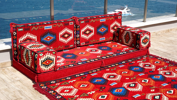 Red Arabic Majlis, Oriental Cushion, Moroccan Cushion, Ethnic Floor Cushion, Slipcovers Sofa with Ottoman Couch and Rug