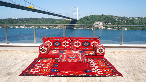 Red Arabic Majlis, Oriental Cushion, Moroccan Cushion, Ethnic Floor Cushion, Slipcovers Sofa with Ottoman Couch and Rug