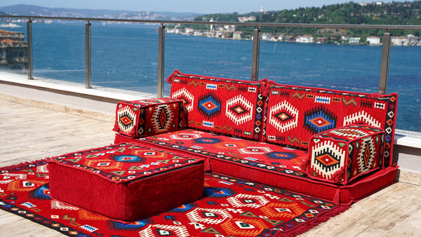 Red Arabic Majlis, Oriental Cushion, Moroccan Cushion, Ethnic Floor Cushion, Slipcovers Sofa with Ottoman Couch and Rug