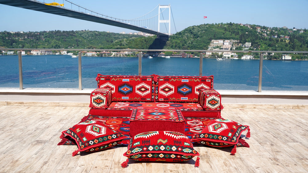 Red Arabic Majlis, Oriental Cushion, Moroccan Cushion, Ethnic Floor Cushion, Slipcovers Sofa with Ottoman Couch and Rug