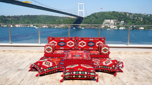 Red Arabic Majlis, Oriental Cushion, Moroccan Cushion, Ethnic Floor Cushion, Slipcovers Sofa with Ottoman Couch and Rug