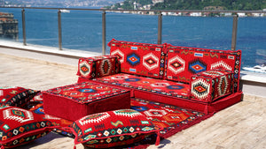 Red Arabic Majlis, Oriental Cushion, Moroccan Cushion, Ethnic Floor Cushion, Slipcovers Sofa with Ottoman Couch and Rug