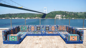 Blue U Shaped Arabic Floor Sofa Set, Floor Cushions, Balcony Patio Sofas, Pallet Sofa, Ethnic Sofa, Moroccan Sofas