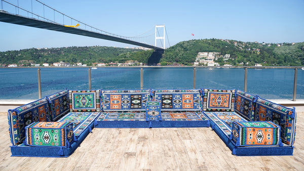 Blue U Shaped Arabic Floor Sofa Set, Floor Cushions, Balcony Patio Sofas, Pallet Sofa, Ethnic Sofa, Moroccan Sofas