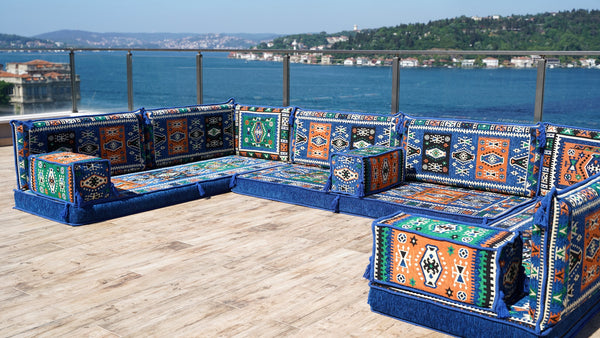 Blue U Shaped Arabic Floor Sofa Set, Floor Cushions, Balcony Patio Sofas, Pallet Sofa, Ethnic Sofa, Moroccan Sofas