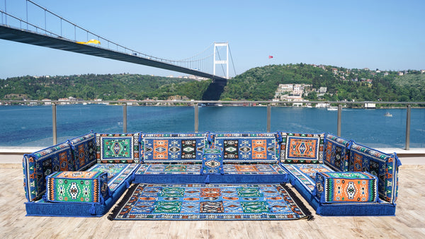 Blue U Shaped Arabic Floor Sofa Set, Floor Cushions, Balcony Patio Sofas, Pallet Sofa, Ethnic Sofa, Moroccan Sofas