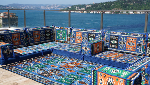 Blue U Shaped Arabic Floor Sofa Set, Floor Cushions, Balcony Patio Sofas, Pallet Sofa, Ethnic Sofa, Moroccan Sofas