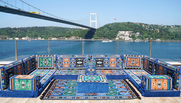 Blue U Shaped Arabic Floor Sofa Set, Floor Cushions, Balcony Patio Sofas, Pallet Sofa, Ethnic Sofa, Moroccan Sofas