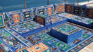 Blue U Shaped Arabic Floor Sofa Set, Floor Cushions, Balcony Patio Sofas, Pallet Sofa, Ethnic Sofa, Moroccan Sofas