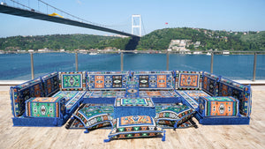 Blue U Shaped Arabic Floor Sofa Set, Floor Cushions, Balcony Patio Sofas, Pallet Sofa, Ethnic Sofa, Moroccan Sofas