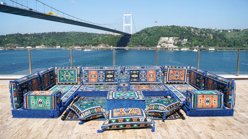 Blue U Shaped Arabic Floor Sofa Set, Floor Cushions, Balcony Patio Sofas, Pallet Sofa, Ethnic Sofa, Moroccan Sofas