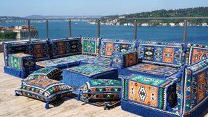 Blue U Shaped Arabic Floor Sofa Set, Floor Cushions, Balcony Patio Sofas, Pallet Sofa, Ethnic Sofa, Moroccan Sofas