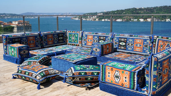 Blue U Shaped Arabic Floor Sofa Set, Floor Cushions, Balcony Patio Sofas, Pallet Sofa, Ethnic Sofa, Moroccan Sofas