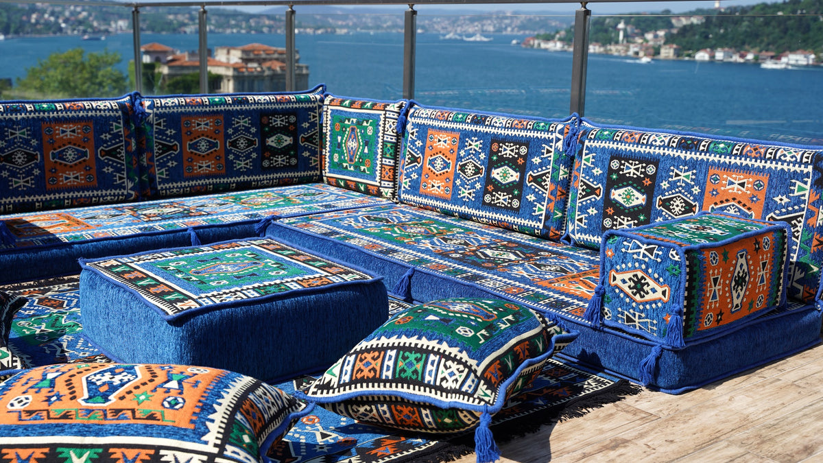 Blue Arabic Floor Sofa, L Shape Corner Seating Set, Bench Cushions, Se