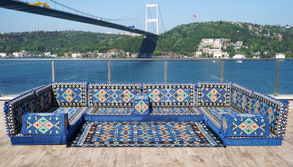 Royal Blue Traditional Floor Cushions, U Shaped Maroon Sectional Sofas, Arabic Floor Sofa Set, Pallet Sofa