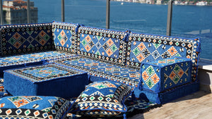 4" Thickness Blue Corner Floor Seating Set, Indoor Floor Couch, Modular Design Floor Cushion, Garden Sofa Set