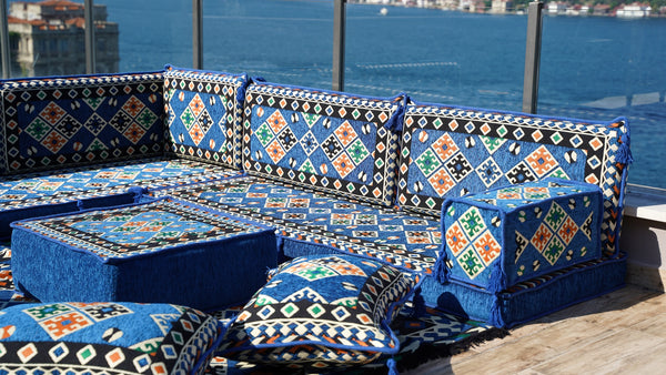 4" Thickness Blue Corner Floor Seating Set, Indoor Floor Couch, Modular Design Floor Cushion, Garden Sofa Set