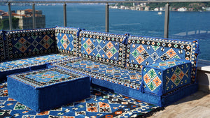 4" Thickness Blue Corner Floor Seating Set, Indoor Floor Couch, Modular Design Floor Cushion, Garden Sofa Set