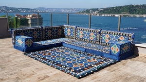 4" Thickness Blue Corner Floor Seating Set, Indoor Floor Couch, Modular Design Floor Cushion, Garden Sofa Set
