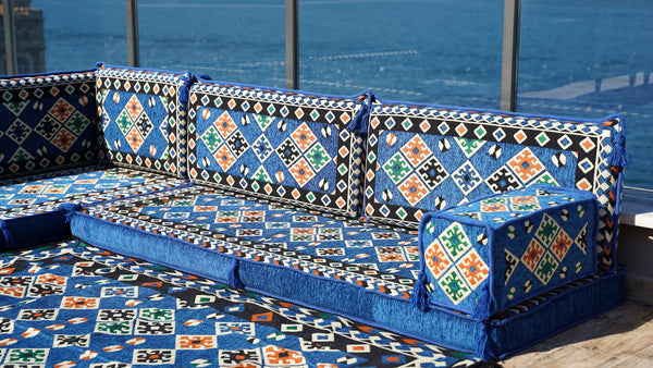 4" Thickness Blue Corner Floor Seating Set, Indoor Floor Couch, Modular Design Floor Cushion, Garden Sofa Set