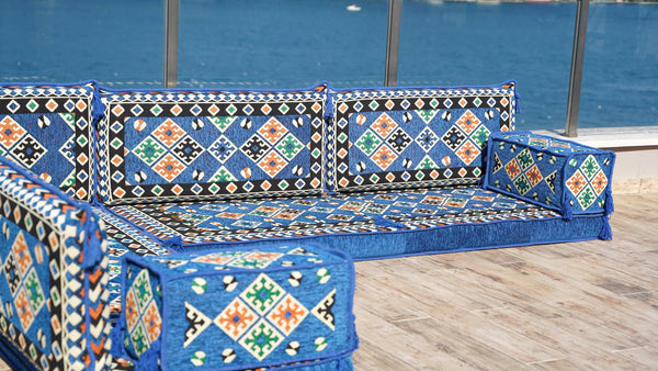 4" Thickness Blue Corner Floor Seating Set, Indoor Floor Couch, Modular Design Floor Cushion, Garden Sofa Set