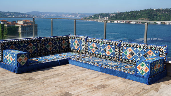 4" Thickness Blue Corner Floor Seating Set, Indoor Floor Couch, Modular Design Floor Cushion, Garden Sofa Set